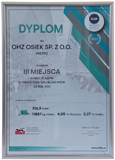 Maopolskie Mleczne Laury 2023 - Dyplom OHZ w Osieku